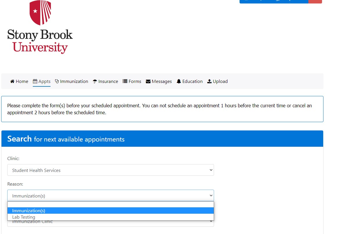 Appointments Student Health Services
